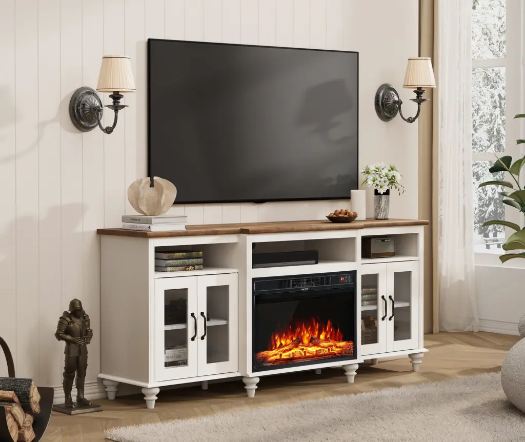 Glass Farmhouse Fireplace TV Stand TVs up to 80 Inches 7 Storages and 26 Electric Fireplace Antique White FITUEYES