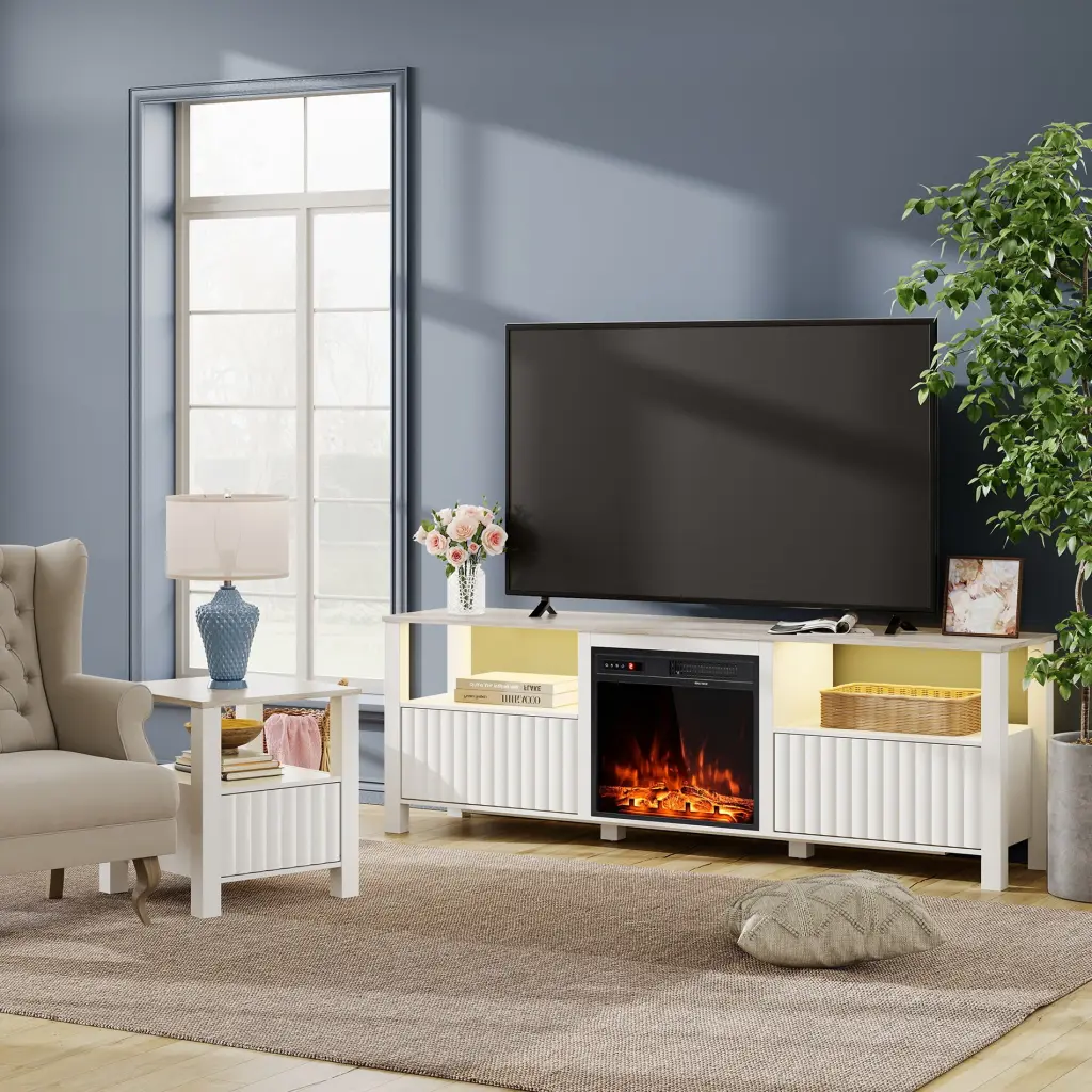 70 Inch Fireplace TV Stand LED Lights and Electric Fireplace 75 Inch TVs - White Wood Entertainment Center FITUEYES