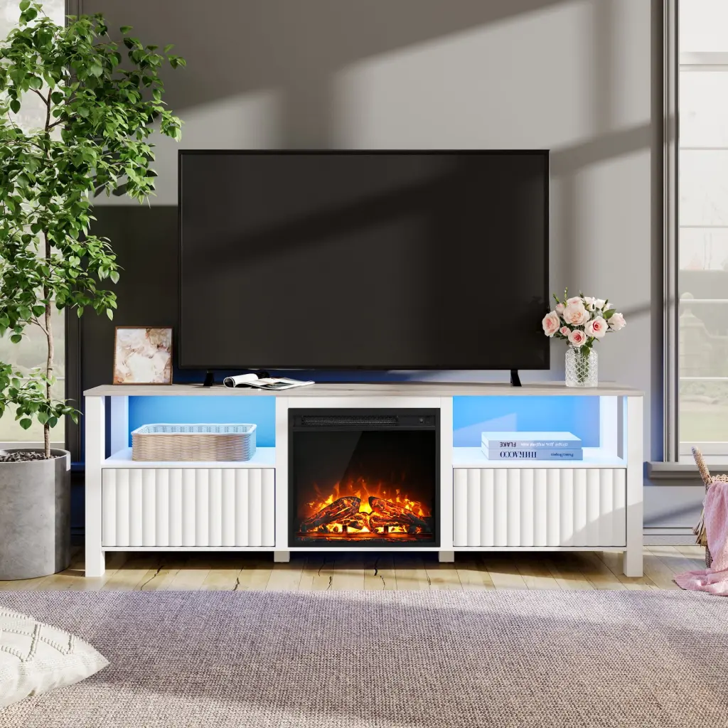 70 Inch White Fireplace TV Stand LED 75 Inch TVs Living Room or Bedroom FITUEYES