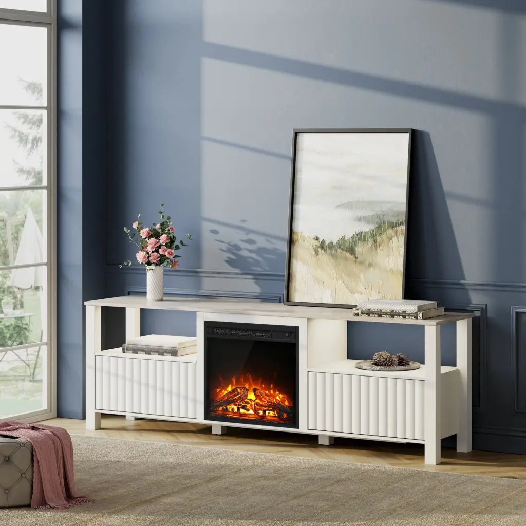 Modern Fireplace TV Stand 75 Inch TV LED Lights and Storage Cabinets - White Entertainment Center FITUEYES