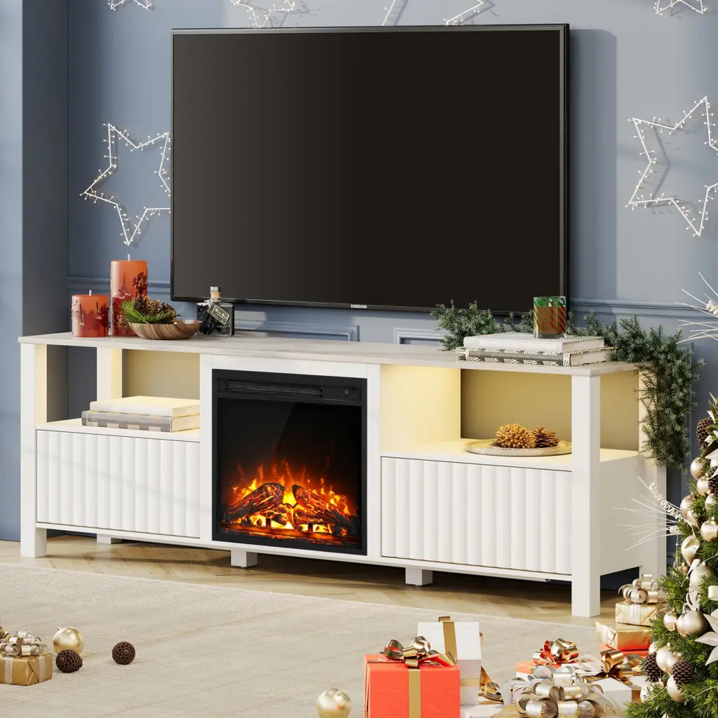 Modern Fireplace TV Stand 75 inch TV Storage Cabinets and LED Light White FITUEYES