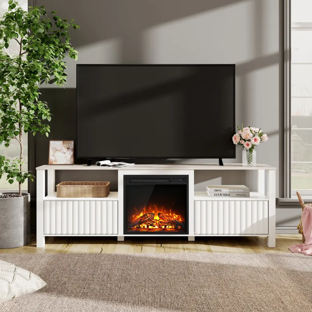 Modern Fireplace TV Stand 75 Inch TV Yellow LED Light and Storage Cabinets White FITUEYES