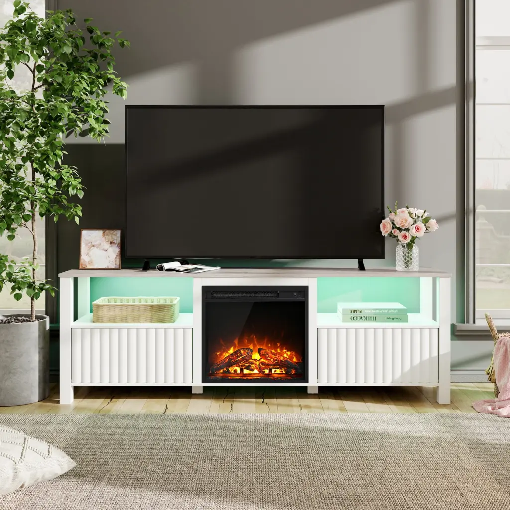 Modern White LED Fireplace TV Stand 75 Inch TVs - RGB Light Entertainment Center Storage FITUEYES