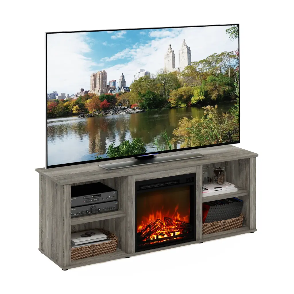 Furinno Montale 60 Inch TV Stand Fireplace French Oak Grey Media Console