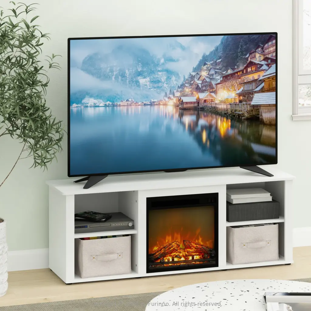 Furinno Montale 60 Inch TV Stand Fireplace Solid White Entertainment Center