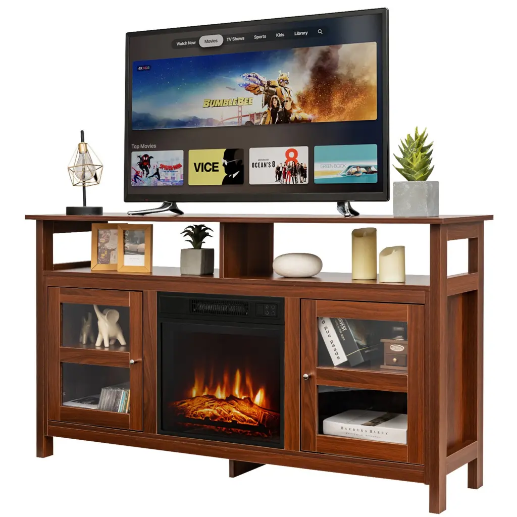 Gymax 58in Fireplace TV Stand 1400W Electric Fireplace 65in TVs Walnut