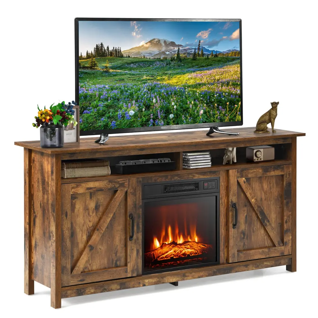Gymax 60 Inch Industrial Fireplace TV Stand 18 Inch 1400W Electric Fireplace