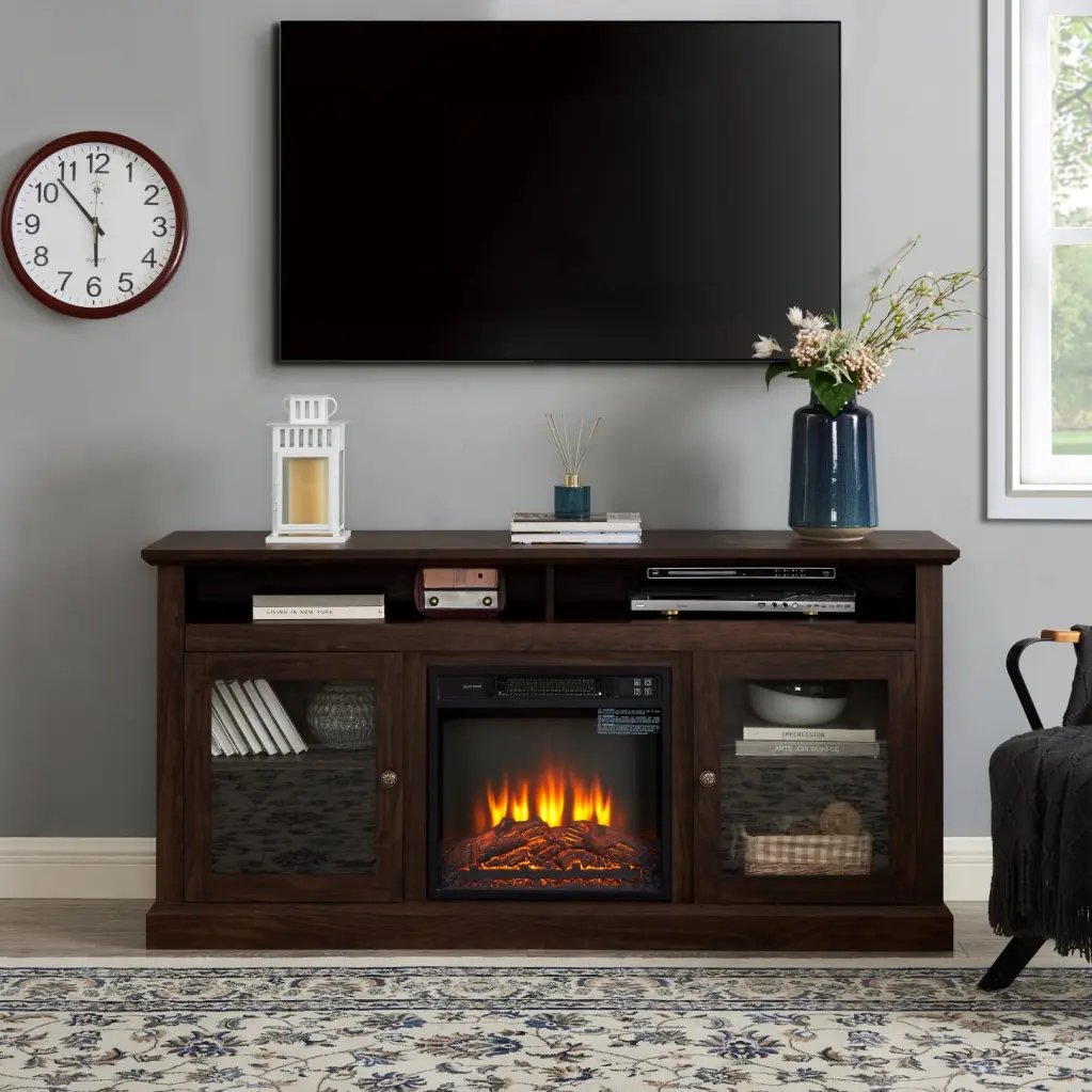 Contemporary Brown TV Media Stand Fireplace Insert 65 Inch TVs - Modern Entertainment Console Open and Closed Storage HATN...