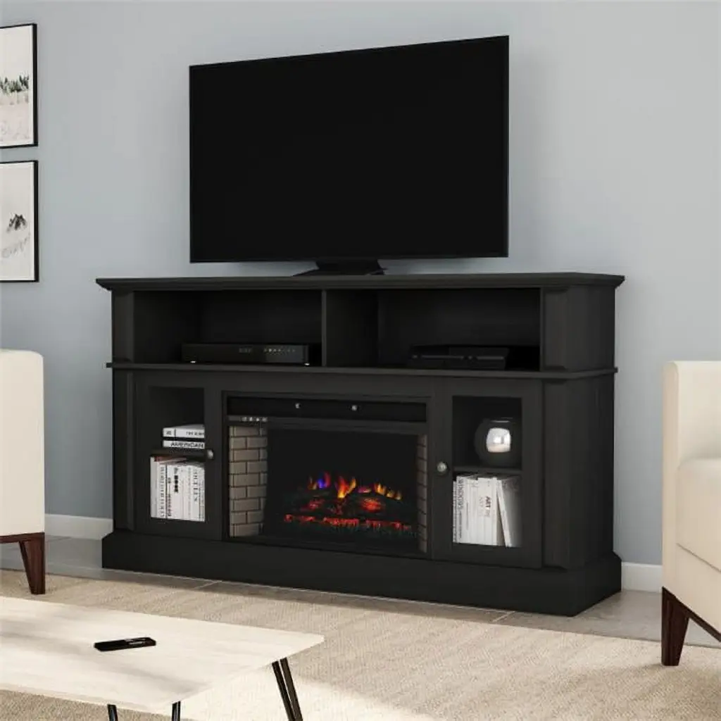 Heat Electric Fireplace TV Stand Black Cozy Living Room Setup Jensen Distribution