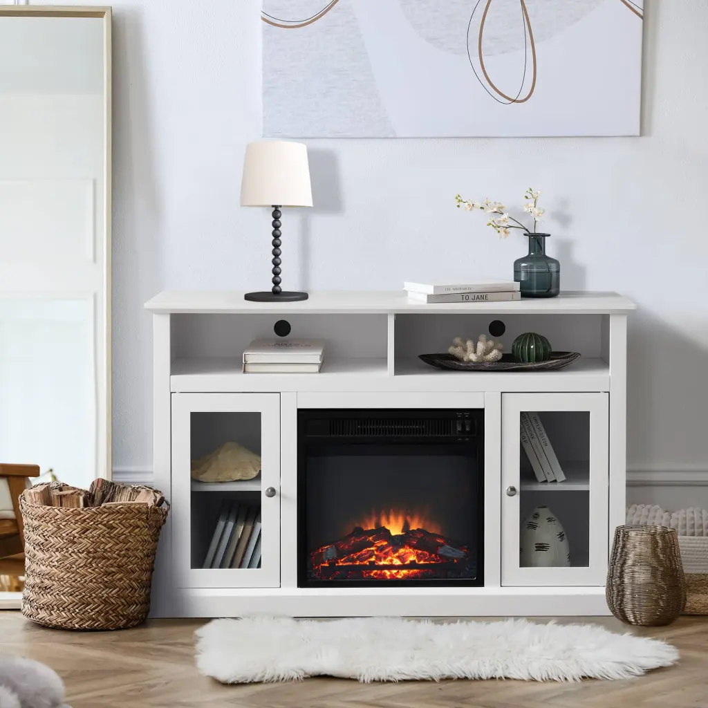 LaMuse Cybèle White Modern MDF Electric Fireplace TV Stand Adjustable Shelves LaMuseCybèle