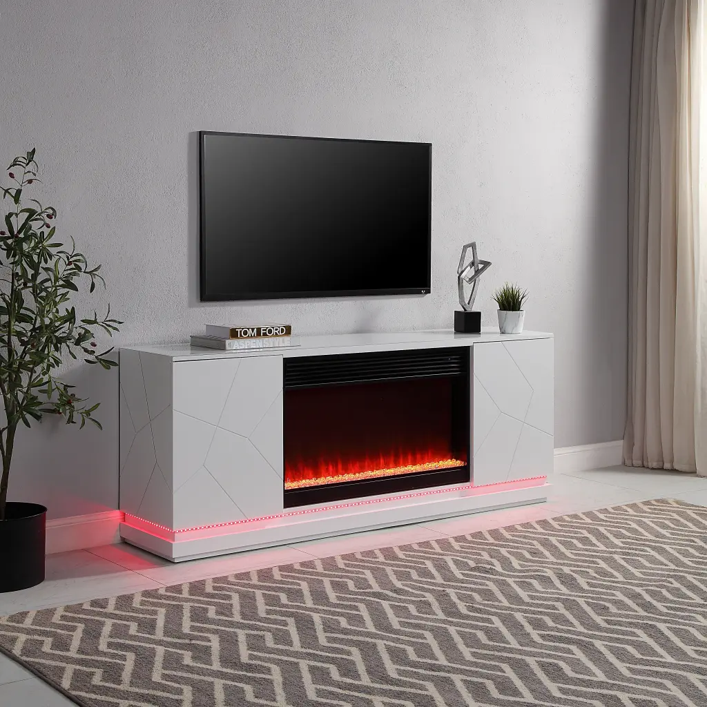 70.5 Inch White TV Stand Fireplace and Speaker White Timber Finish lilola home