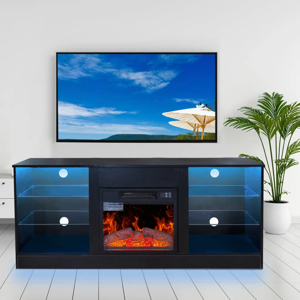 Black Fireplace TV Stand 18 Inch Electric Heater Modern Entertainment Center TVs up to 62 Inch Adjustable Glass Shelves St...