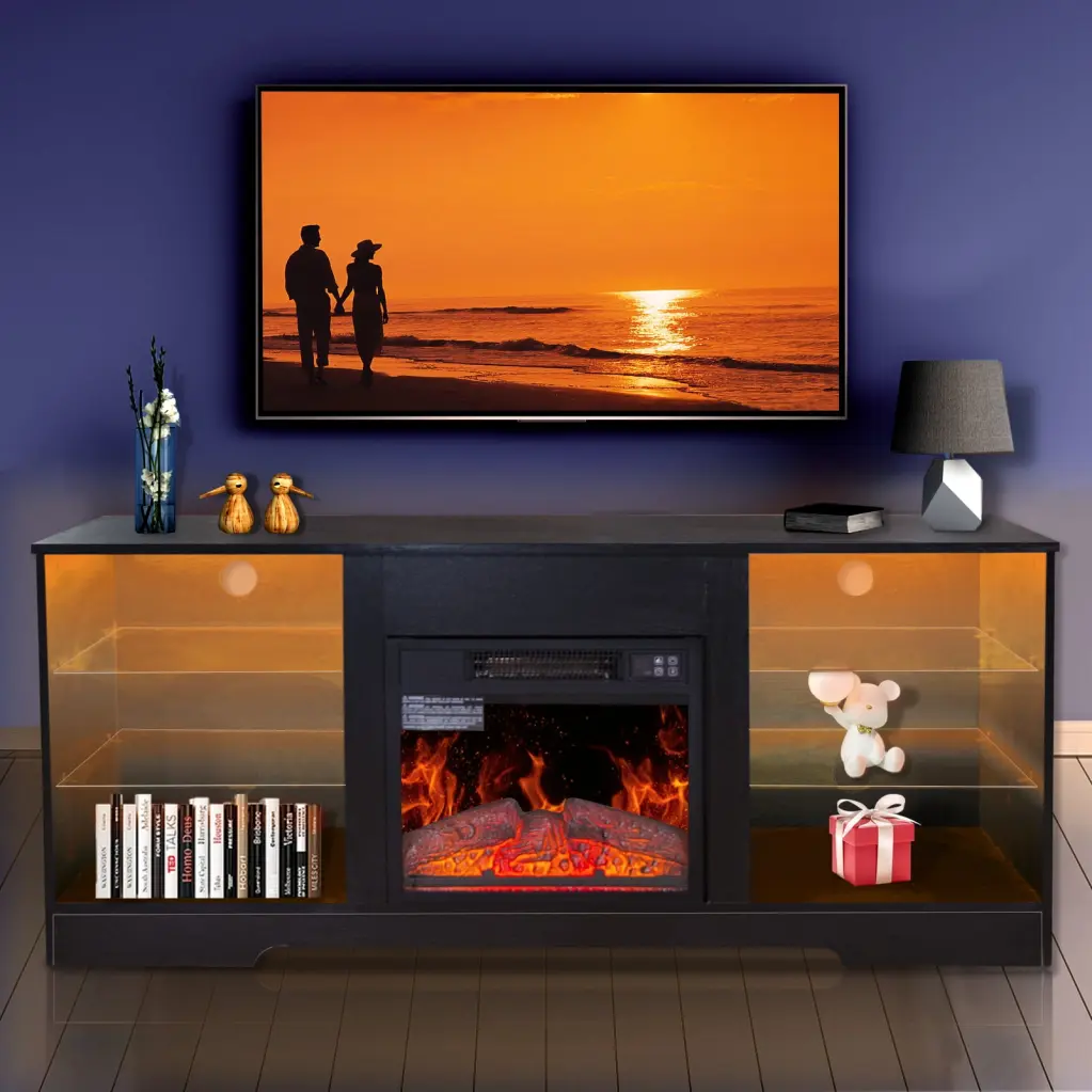 Black Fireplace TV Stand 18 Inch Electric Heater Modern Entertainment Center TVs up to 62 Inch Adjustable Glass Shelves St...