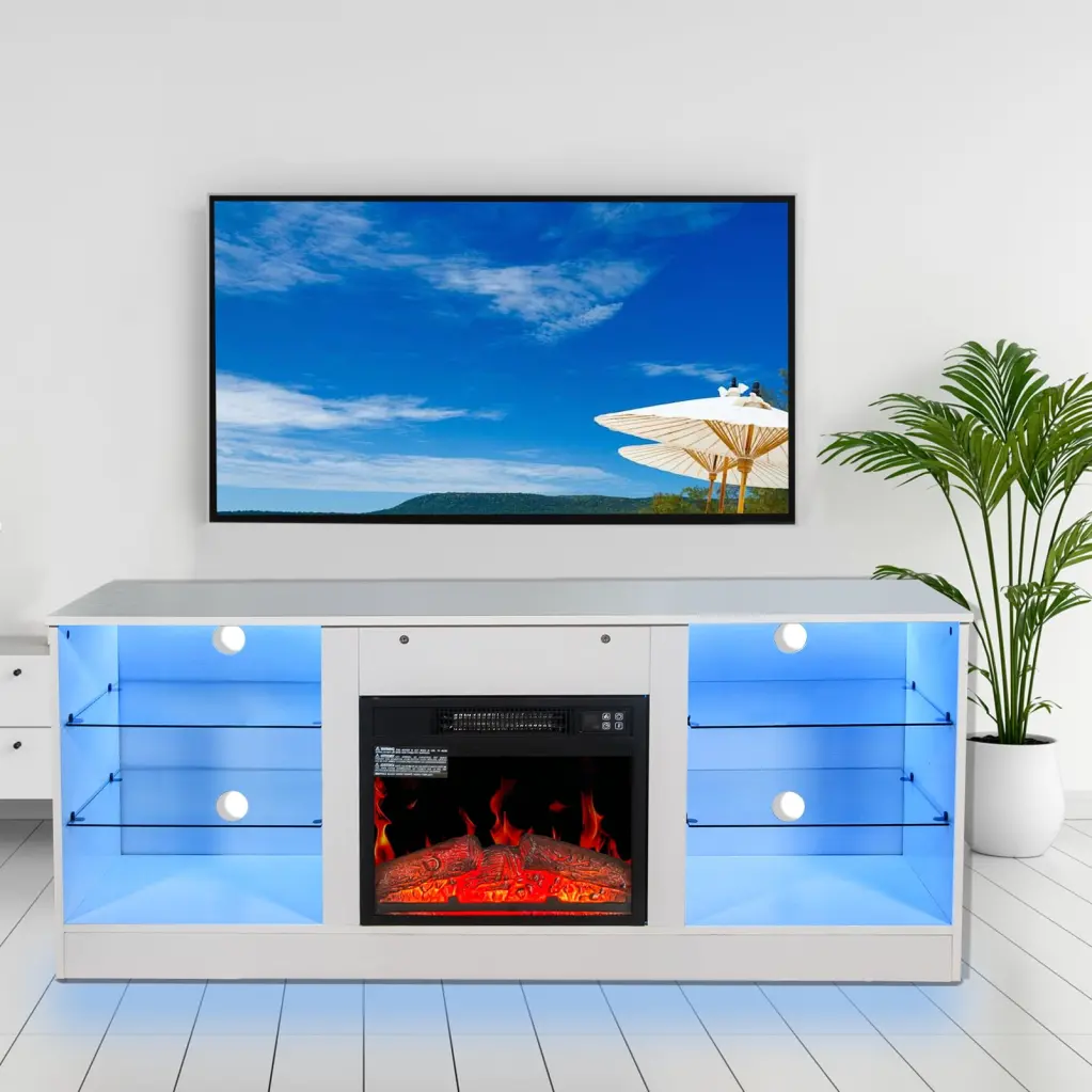 Fireplace TV Stand 18 Inch Electric Fireplace Heater TVs up to 62 Inches White OMCCHK