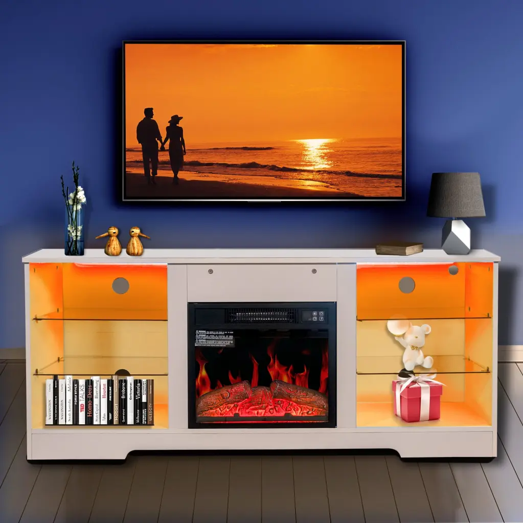 White Fireplace TV Stand 18 Inch Electric Heater Modern Entertainment Center TVs up to 62 Inch Adjustable Glass Shelves St...
