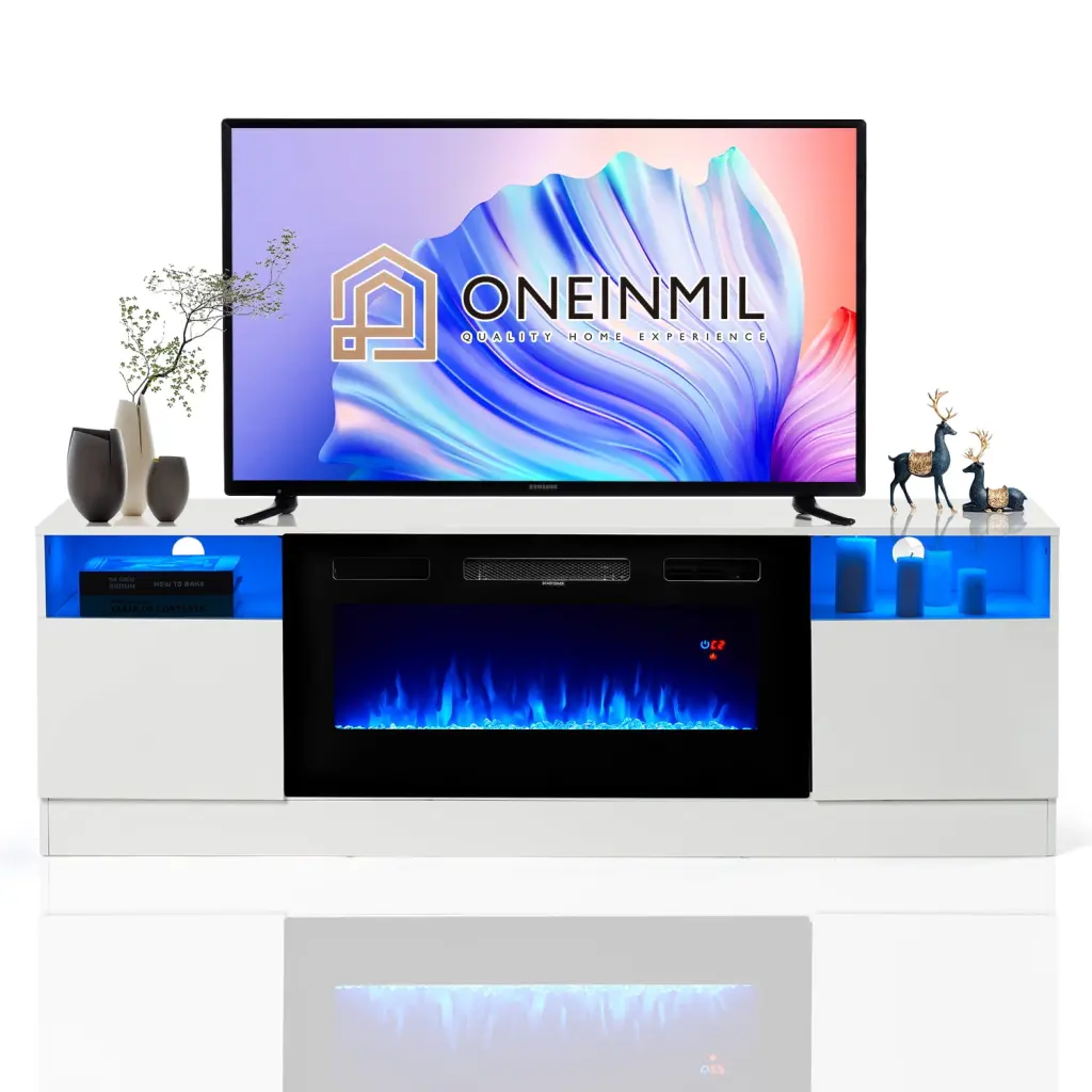 Oneinmil Fireplace TV Stand 36 Electric Fireplace and LED Lights TVs up to 80 Inches White