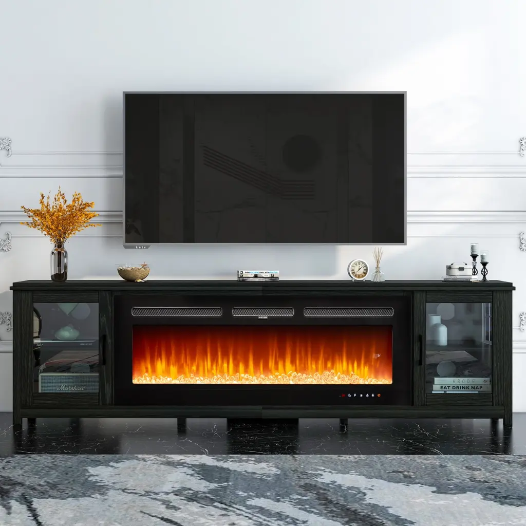 Oneinmil Fireplace TV Stand TVs up to 90 Inches 50 Electric Fireplace and Glass Doors Black