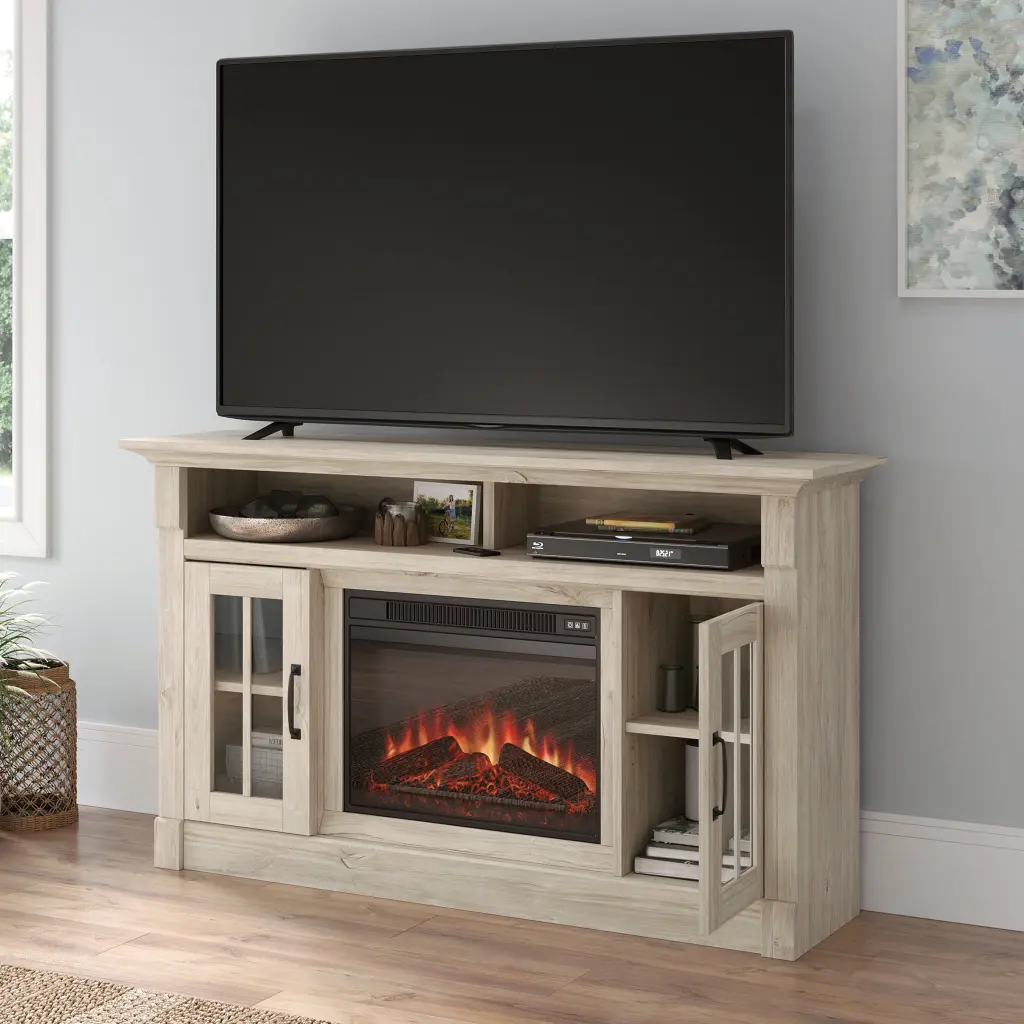 Sauder Fireplace TV Credenza Chalk Oak Finish Entertainment Center