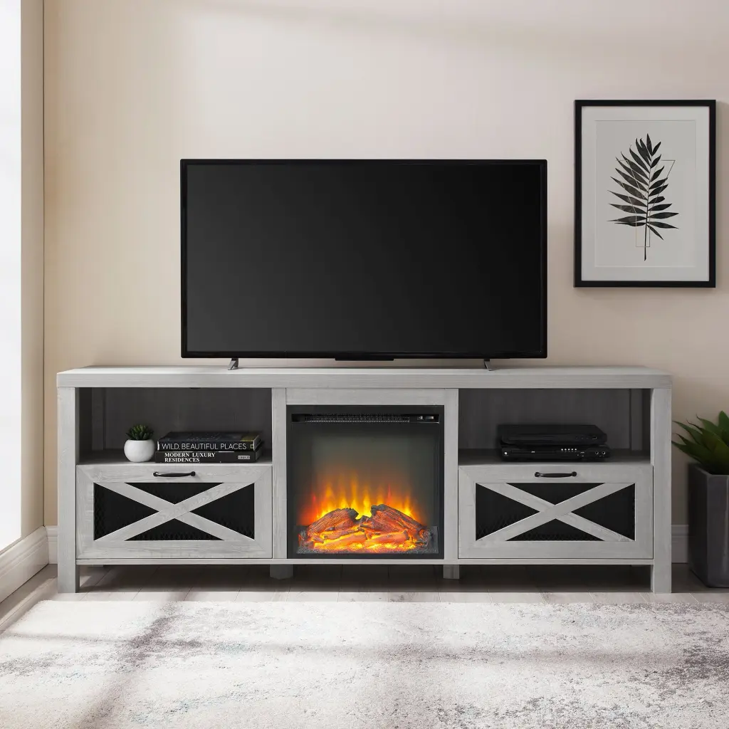 Industrial Farmhouse Metal Mesh Drop Down X Door 70 Inch Fireplace TV Stand walker edison