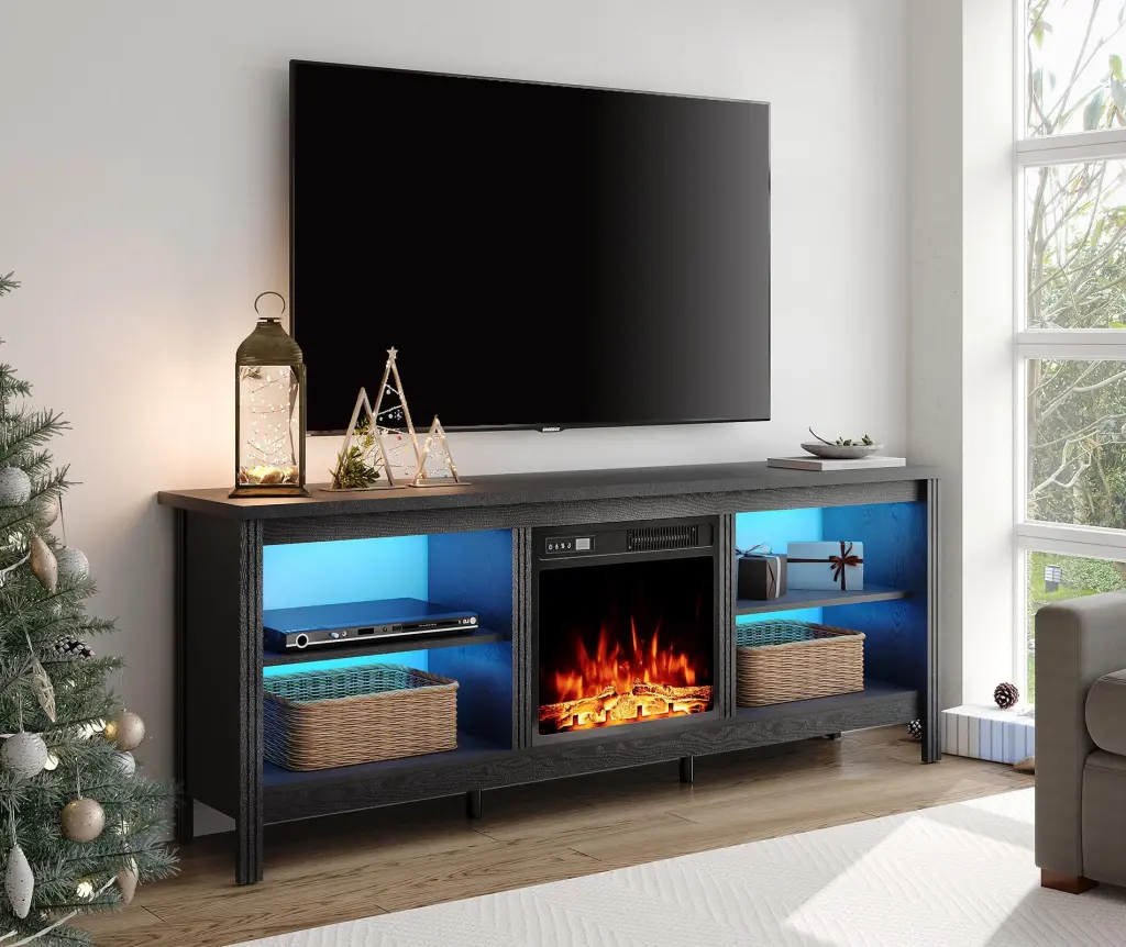 70 Inch Fireplace TV Stand LED Lights and Electric Fireplace 80 Inch TVs - Black Entertainment Center 4 Storage Shelves Wa...