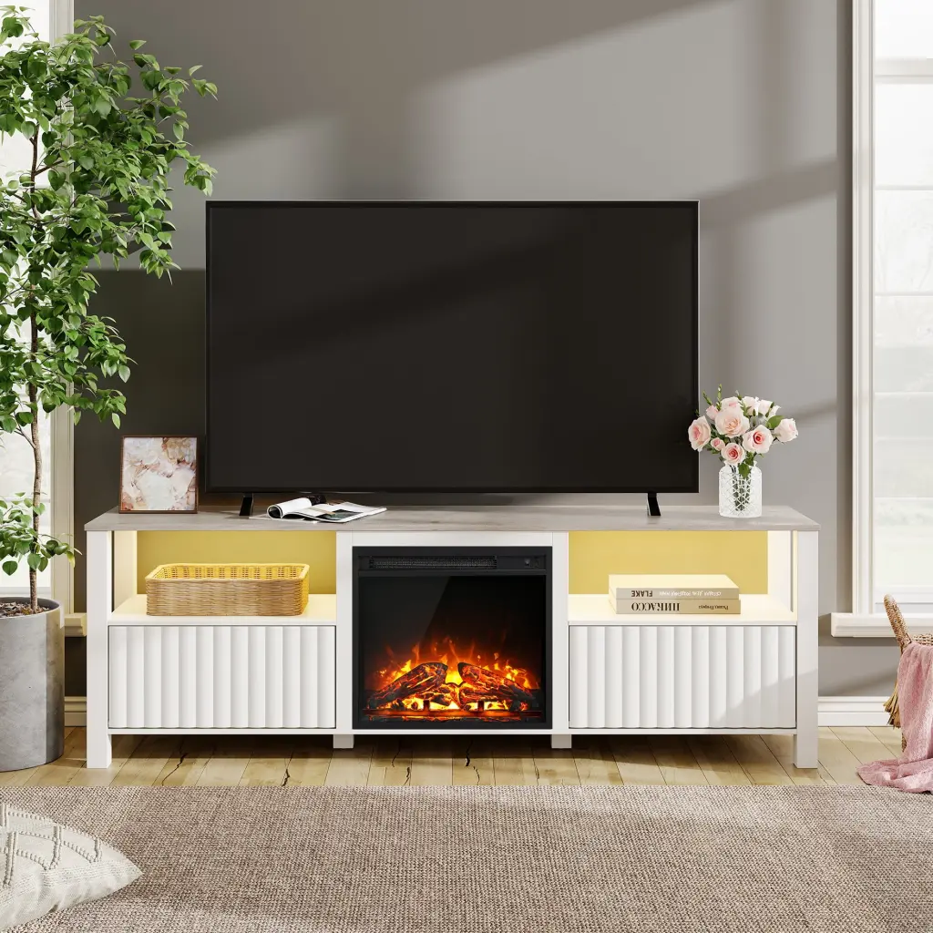 70 Inch White Fireplace TV Stand LED 75 Inch TVs Living Room or Bedroom Wampat