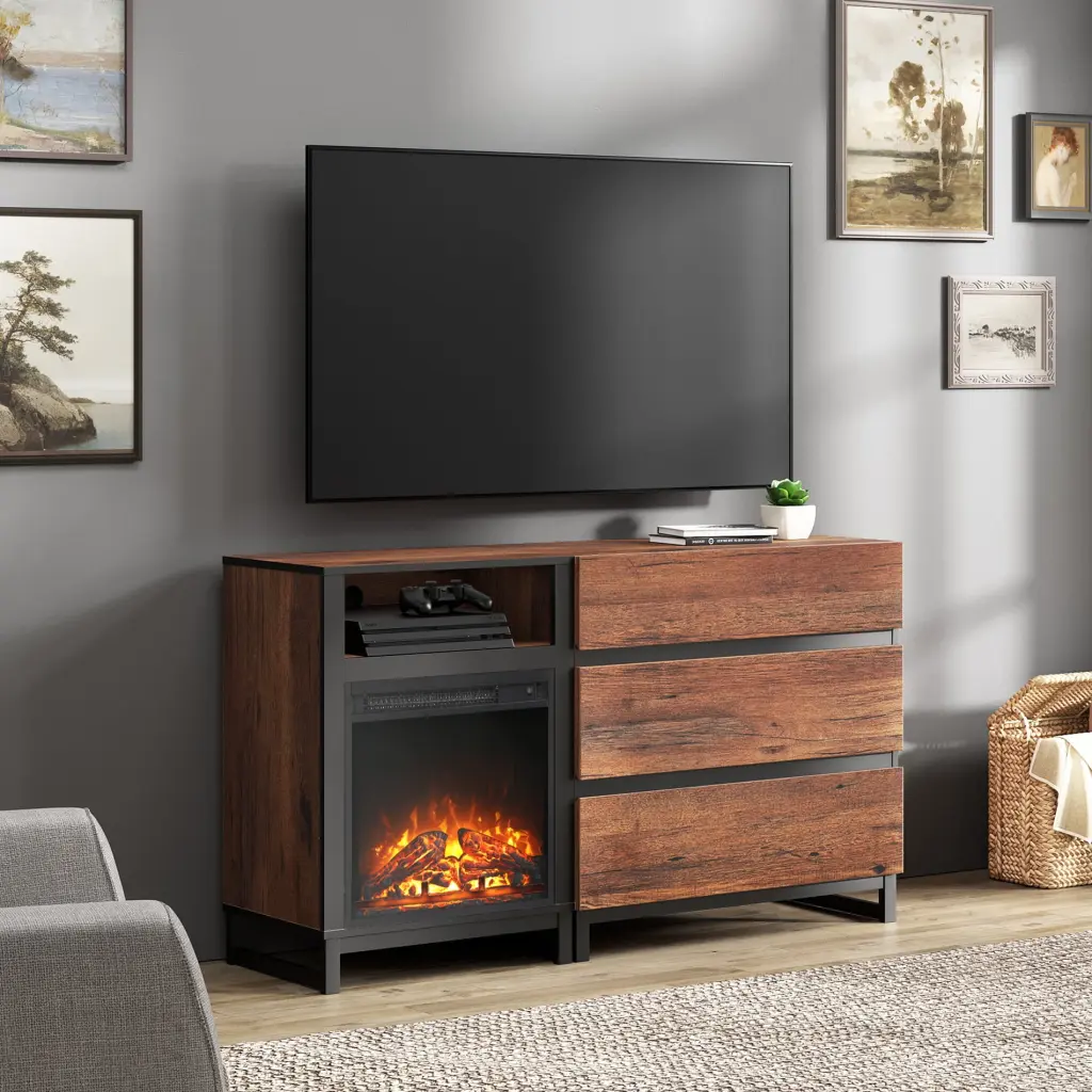 WAMPAT Fireplace TV Stand TVs up to 60 Inches LED Lights and 3 Storage Drawers - Brown