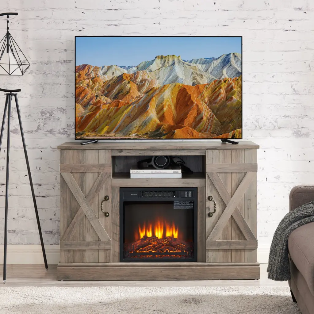Farmhouse Classic Gray Wash TV Stand 18 Inch Electric Fireplace 50 Inch TVs Wodine