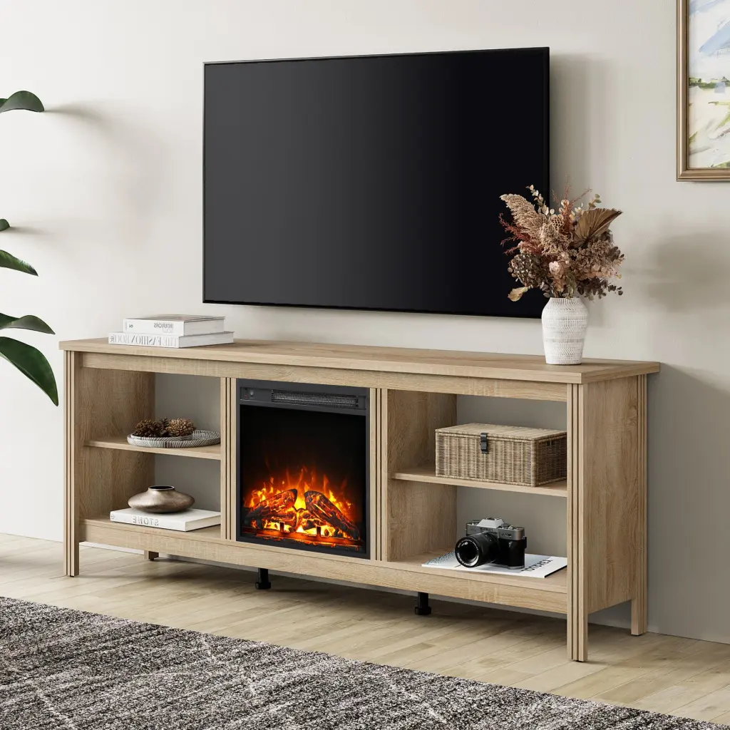 Fireplace TV Stand 75 Inch TVs Oak Entertainment Center 6 Storage Cabinets FITUEYES