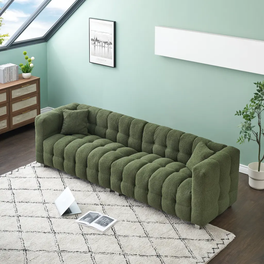 102 Inch Green Teddy Fleece Sofa Two Throw Pillows Living Room Furniture ylf fff