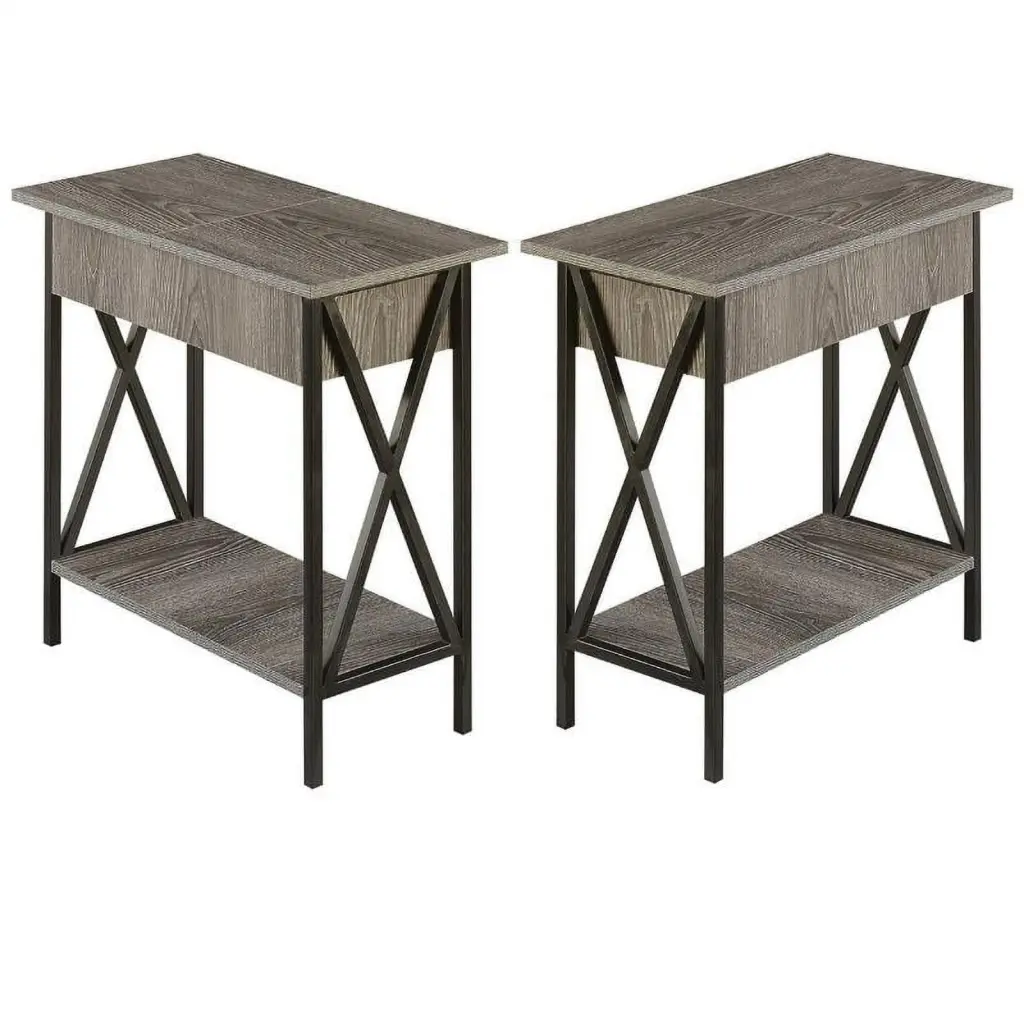 Home Square Tucson Electric Flip-Top End Table Set 2 Weathered Gray Wood