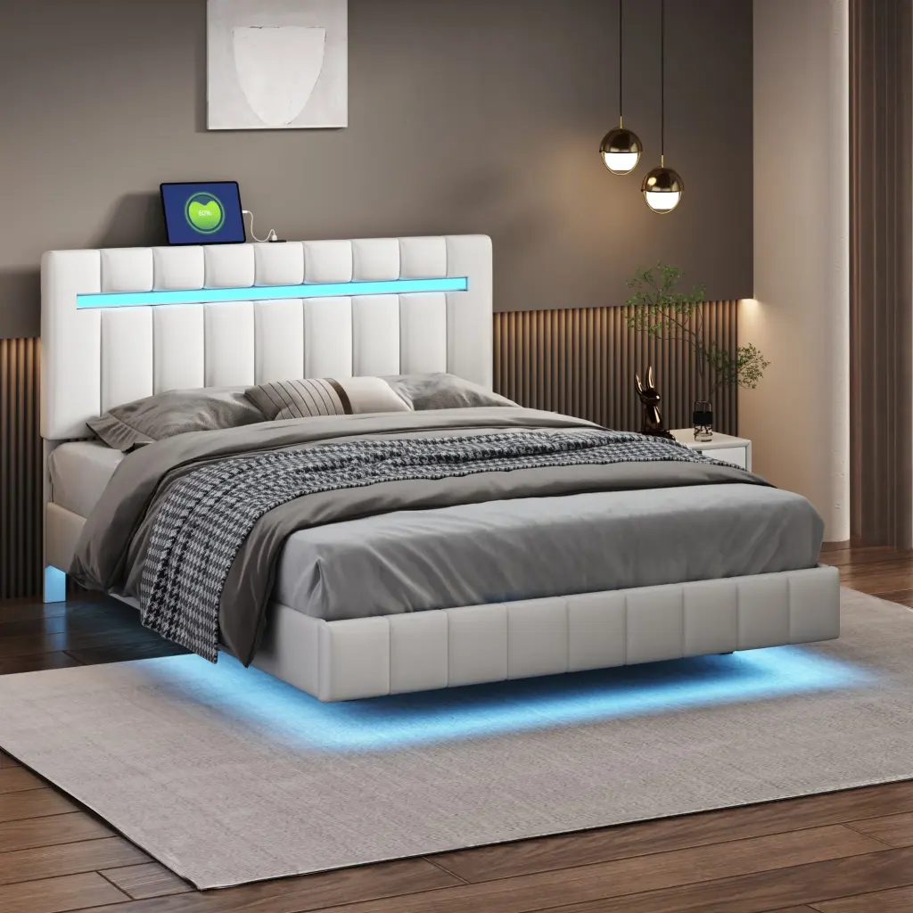 Queen Size Floating Bed Frame LED Lights And USB Charging Modern Design homey life
