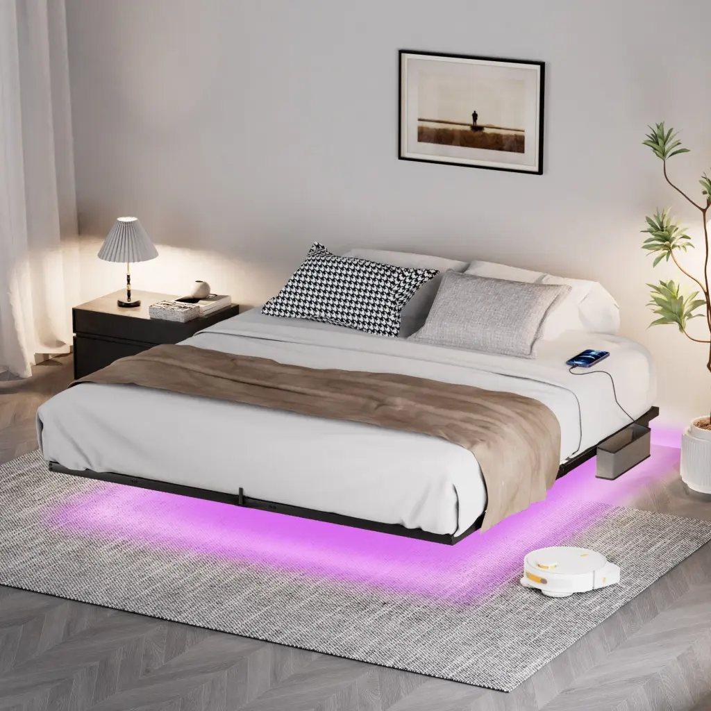 King Size Floating Bed Frame LED Lights and Charging Station jhx