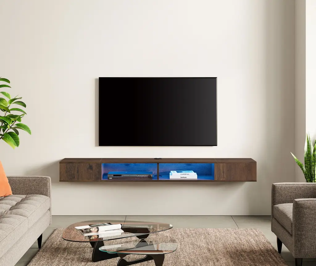 Floating TV Stand Wall Mounted Blue Lights 65-80 Inch TVs - Brown Entertainment Center Living Room FITUEYES