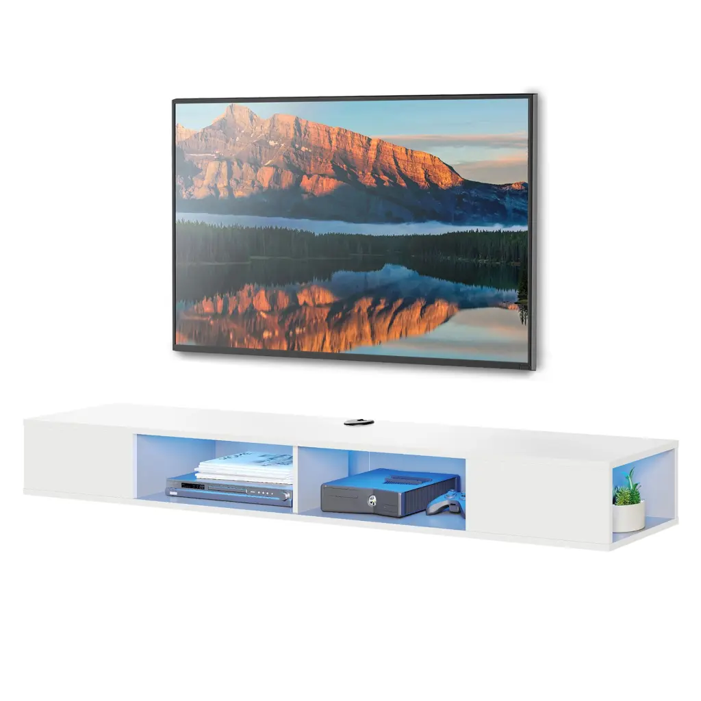 Floating TV Stand Wall Mounted Blue Lights 65 75 80 Inch TVs - Modern White Entertainment Center FITUEYES
