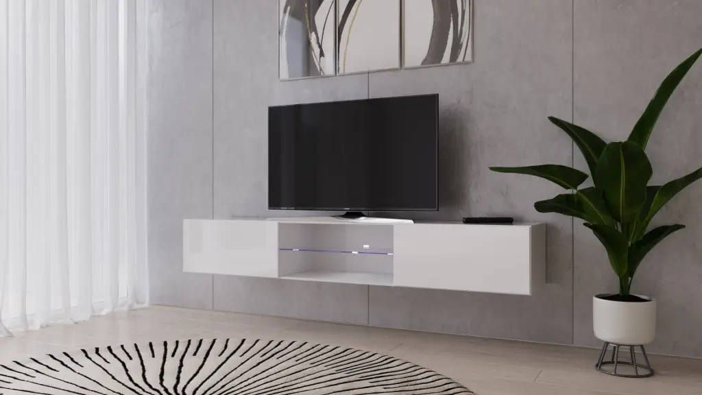 VIGO Glass Floating TV Stand White 80 Inch TVs LED Lighting Maxima House