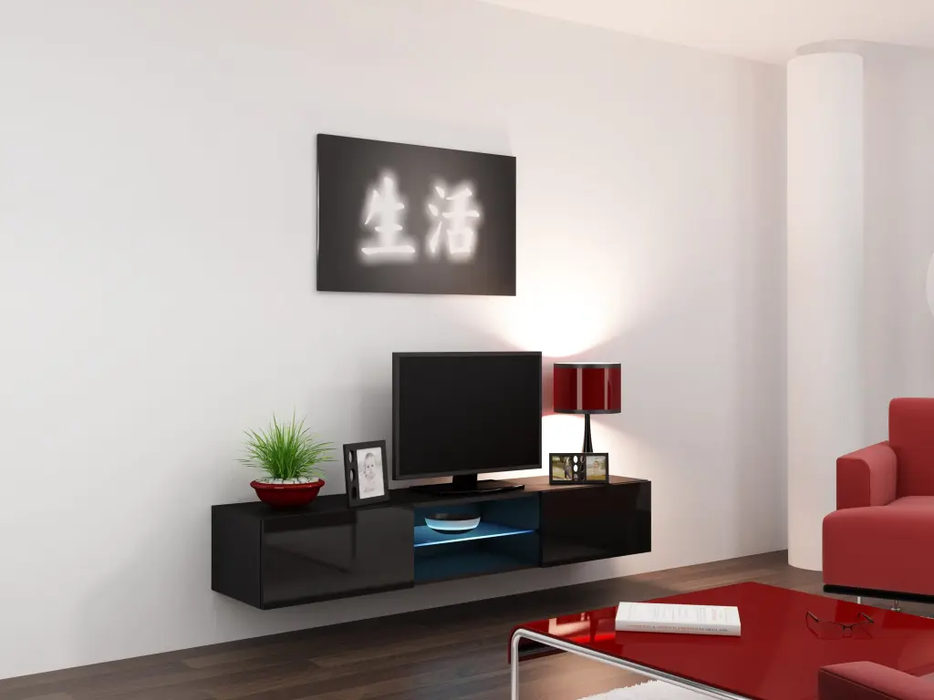 VIGO Glass TV Stand Black Floating TV Stand Up to 80-Inch TVs LED Maxima House