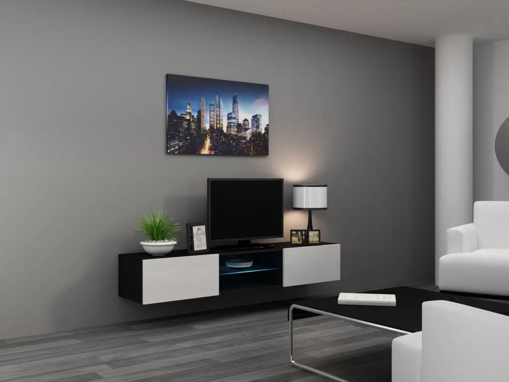 VIGO Glass TV Stand Black White Floating TV Stand Up to 80-Inch TVs LED Maxima House