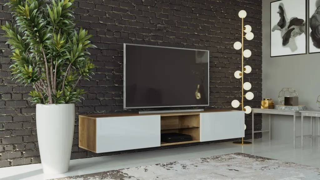 VIGO Glass TV Stand Oak Country White Mirror Gloss Floating TV Stand Up to 80-Inch TVs LED Maxima House