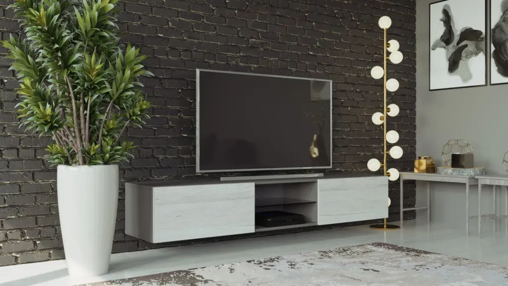 VIGO Monaco Floating TV Stand 80 Inch TVs Slate Grey White Glass Media Console LED Lighting Maxima House