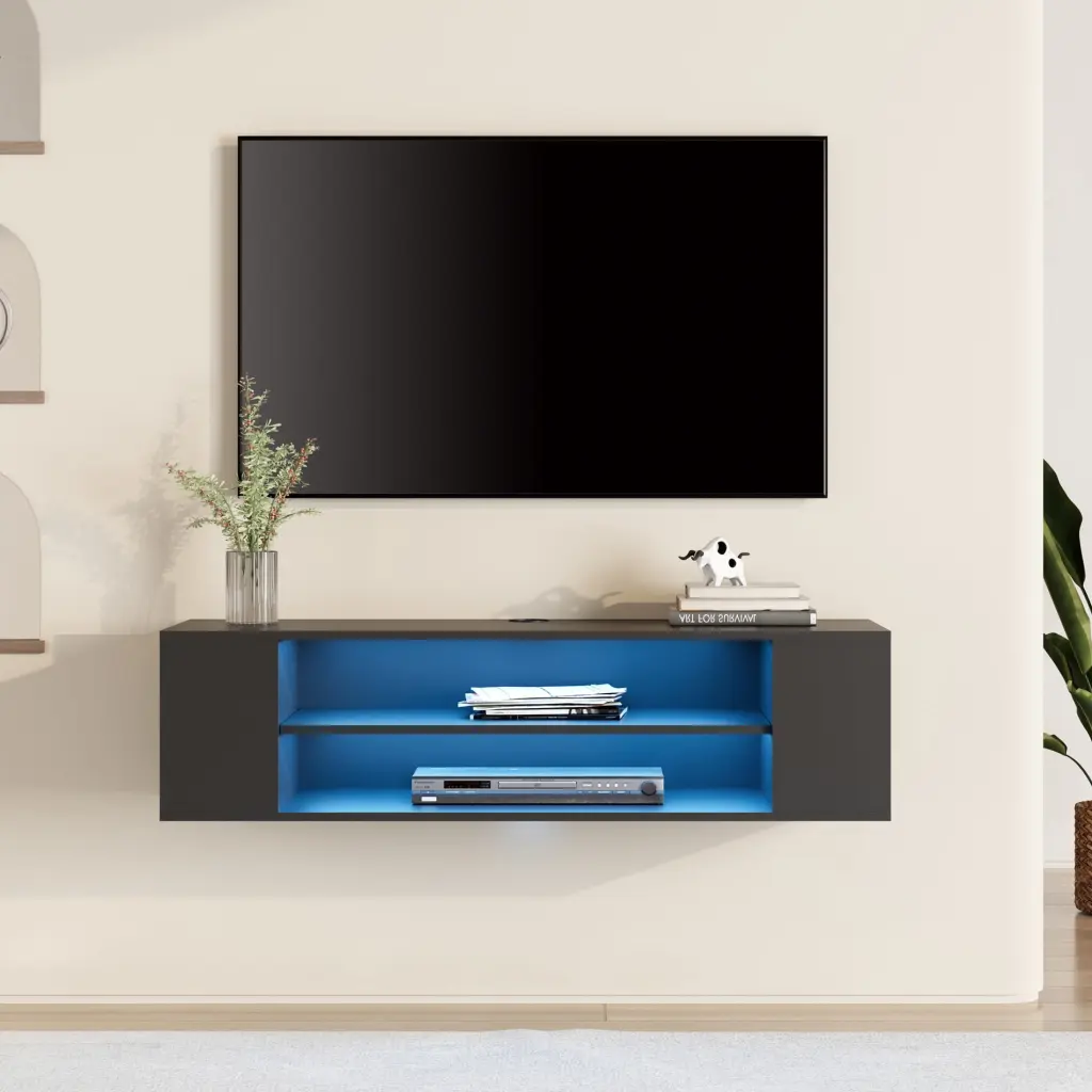 Blue Light Floating TV Stand Adjustable Shelves Living Room Bedroom Black 39.4 Inch Wamapat