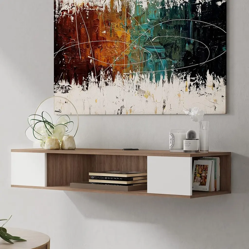 Floating TV Stand Storage Shelf Under TV Living Room White Oak Wampat