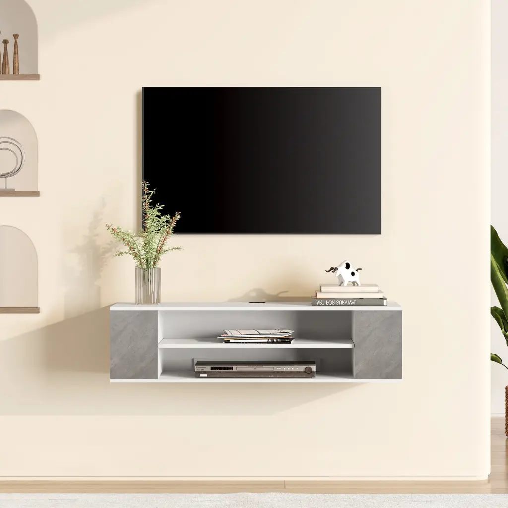GreyWhite Floating TV Stand Wall Mounted Modern Floating Media Storage Shelves 39.3 Inch Wampat