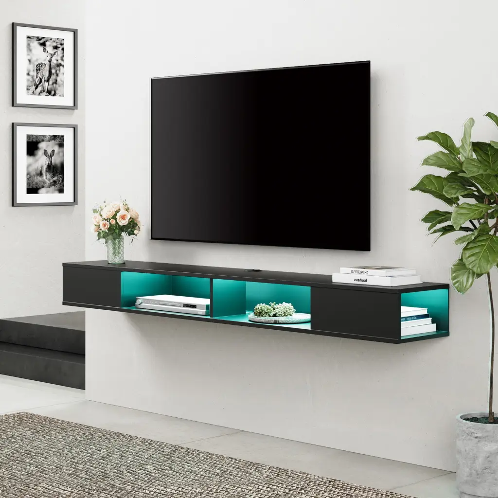 70 Inch Floating TV Stand 16-Color LED Lights Living Room Black Wampat