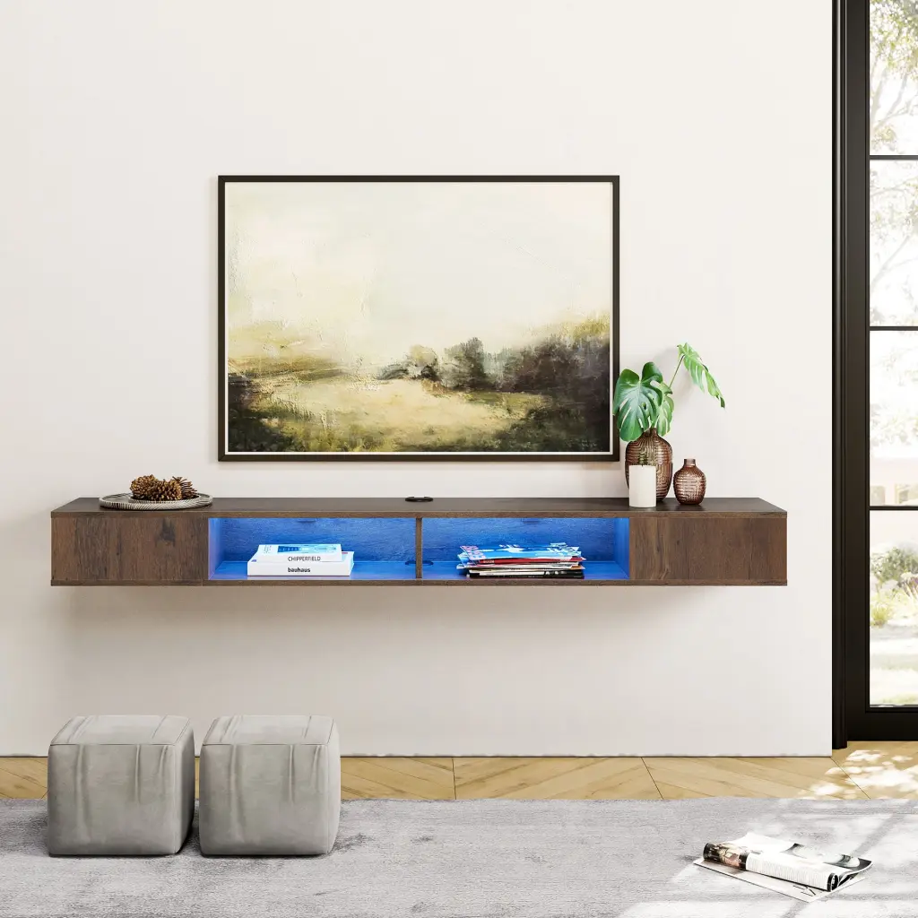 WAMPAT 70 Inch Floating TV Stand Wall Mounted Blue Light Brown Entertainment Center