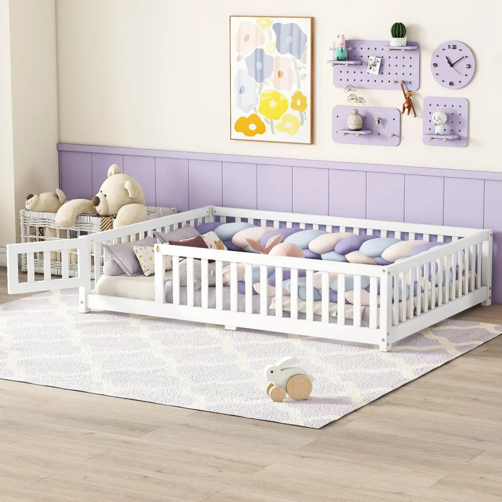 Full Size Floor Bed Safety Guardrails and Door Kids White Finish bonwell