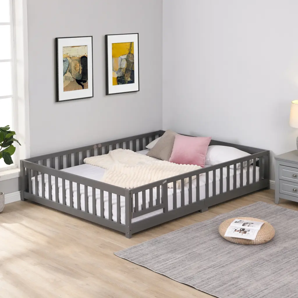 Twin Size Floor Bed Door Solid Wood Platform Bed Frame Fence civilfurniture