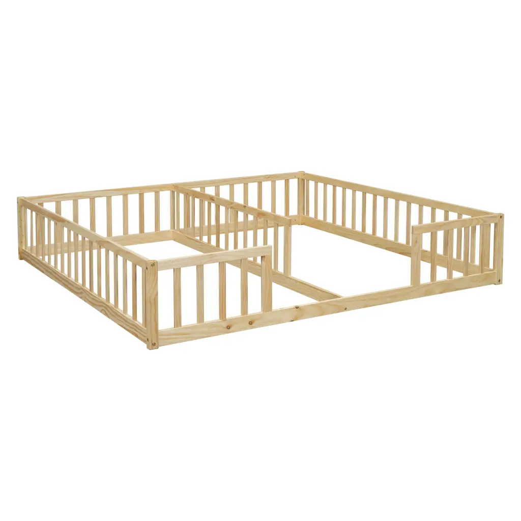 Double Twin Floor Bed Fence and Guardrails - Natural Wood Finish inspirit