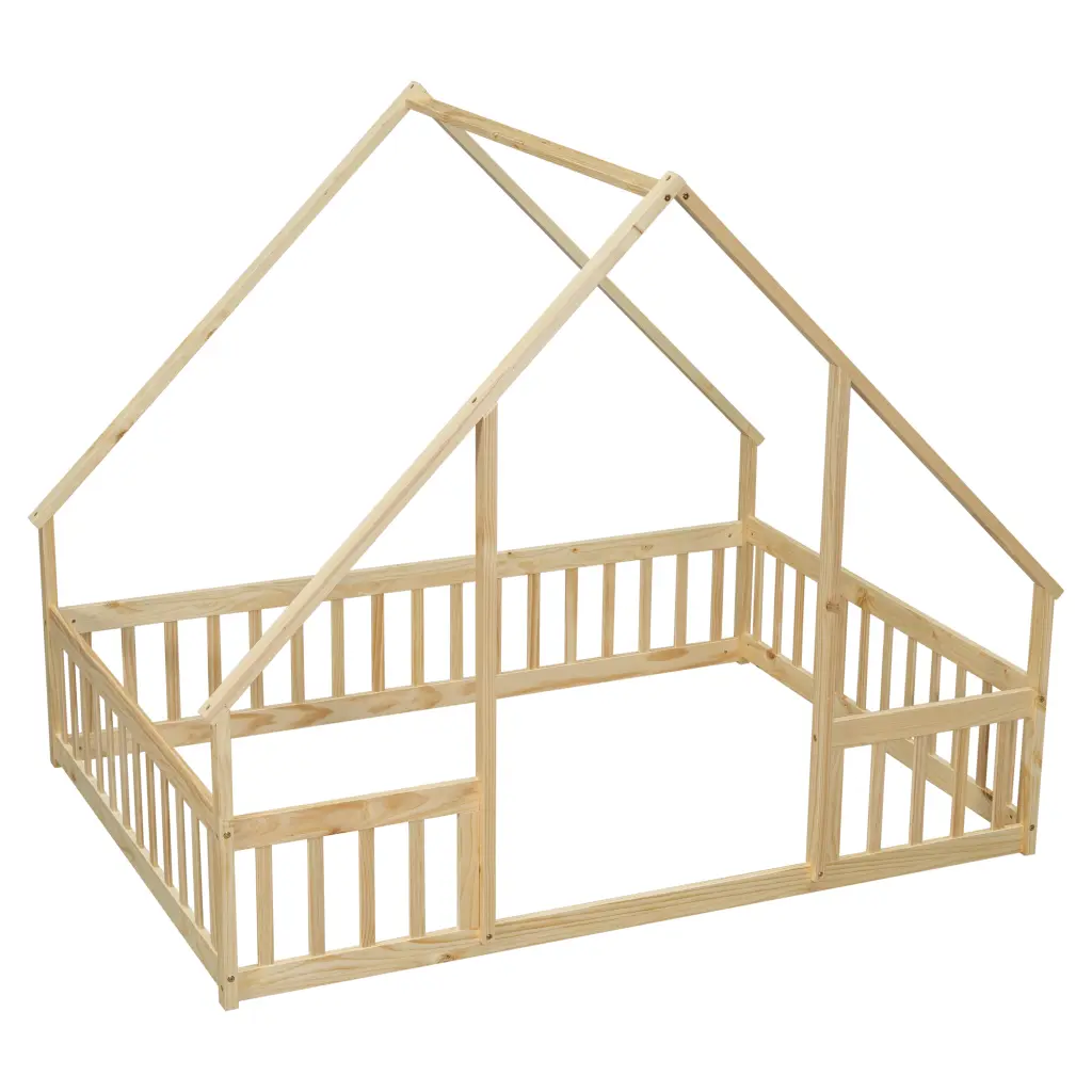 Full Size Timber House Shaped Floor Bed Fence and Guardrails inspirit