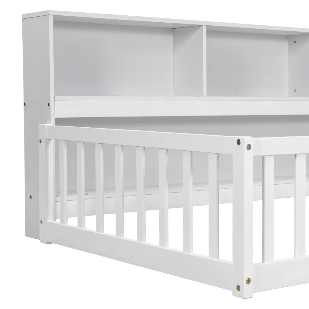 Twin Floor Bed Bedside Bookcase Shelves Guardrails White inspirit