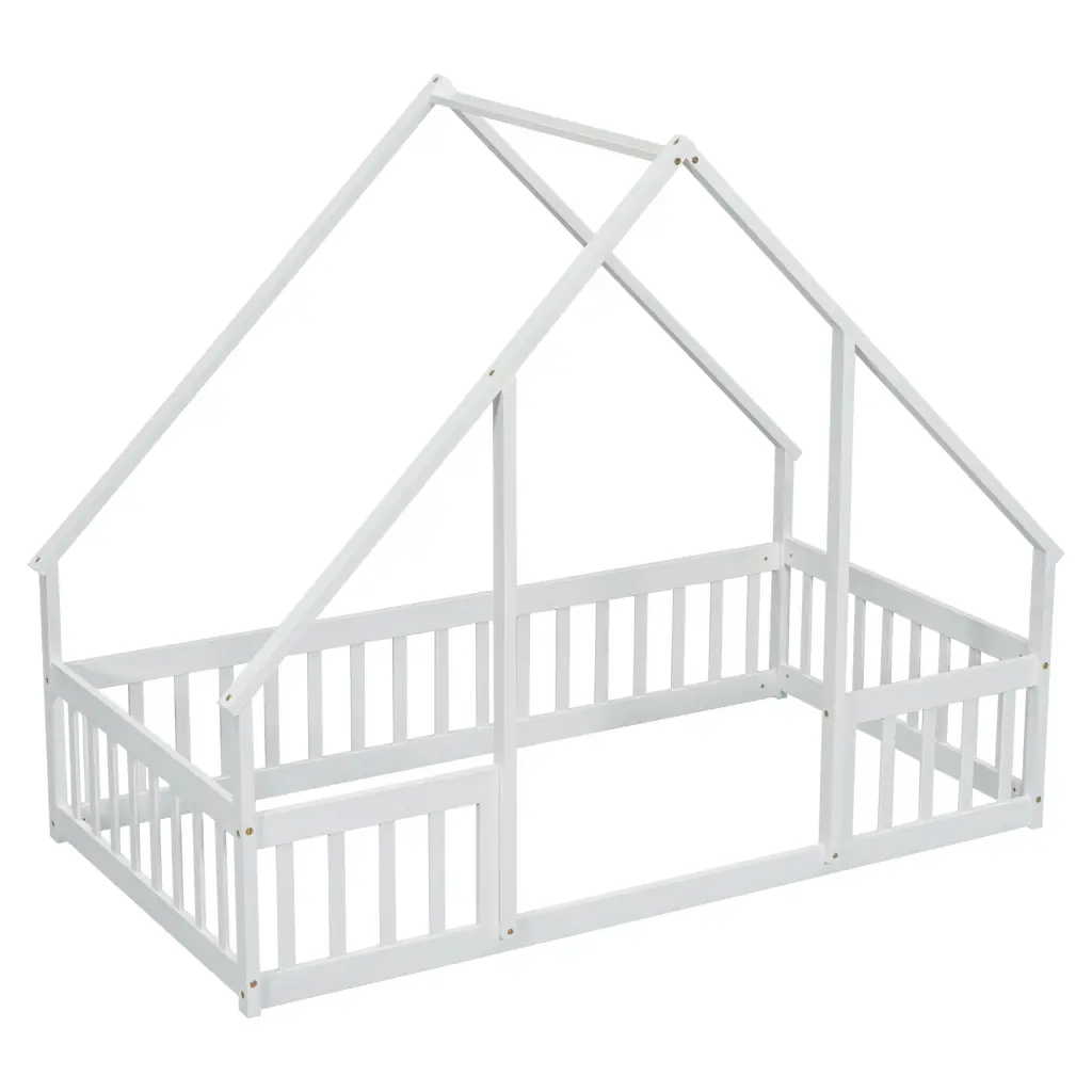 Twin Timber House Shaped Floor Bed Fence and Guardrails White inspirit